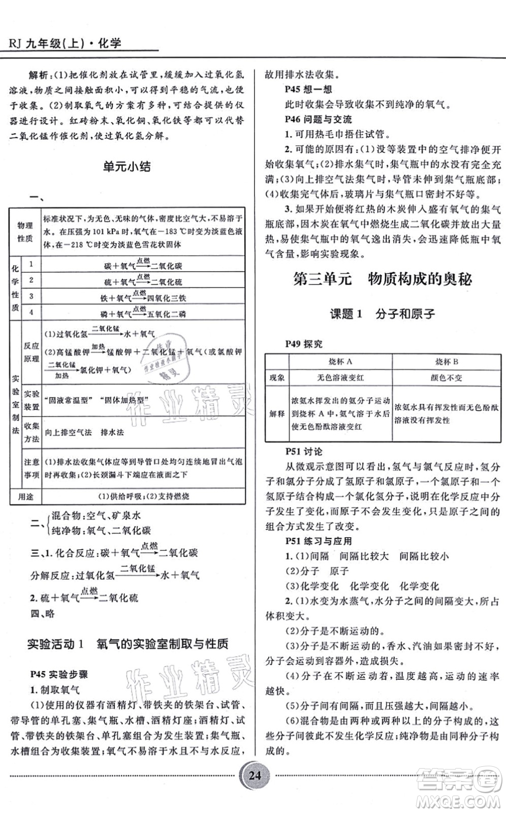 河北少年兒童出版社2021奪冠百分百初中精講精練九年級化學(xué)上冊人教版答案