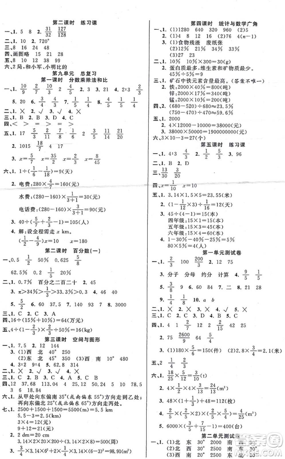 西安出版社2021奪冠新課堂隨堂練測六年級數(shù)學(xué)上冊RJ人教版答案