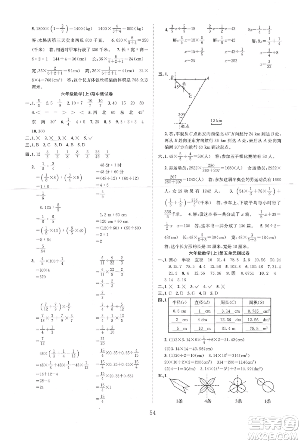 安徽人民出版社2021新經(jīng)典練與測六年級數(shù)學上冊人教版參考答案
