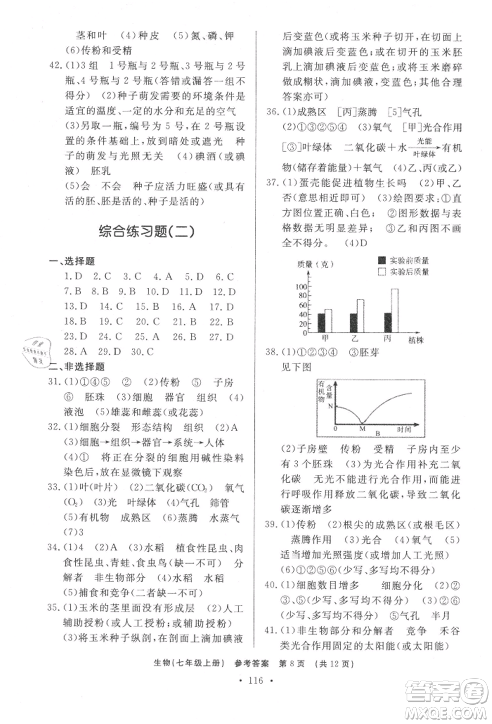 濟(jì)南出版社2021初中知識(shí)與能力測試卷七年級(jí)生物學(xué)上冊人教版參考答案
