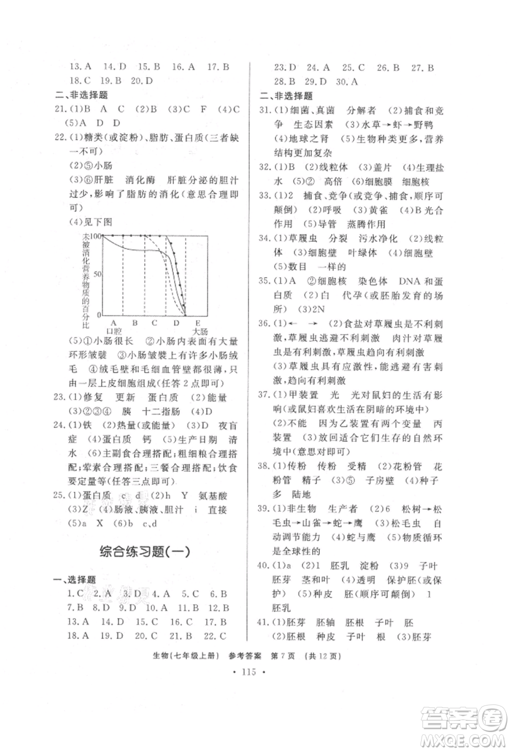 濟(jì)南出版社2021初中知識(shí)與能力測試卷七年級(jí)生物學(xué)上冊人教版參考答案
