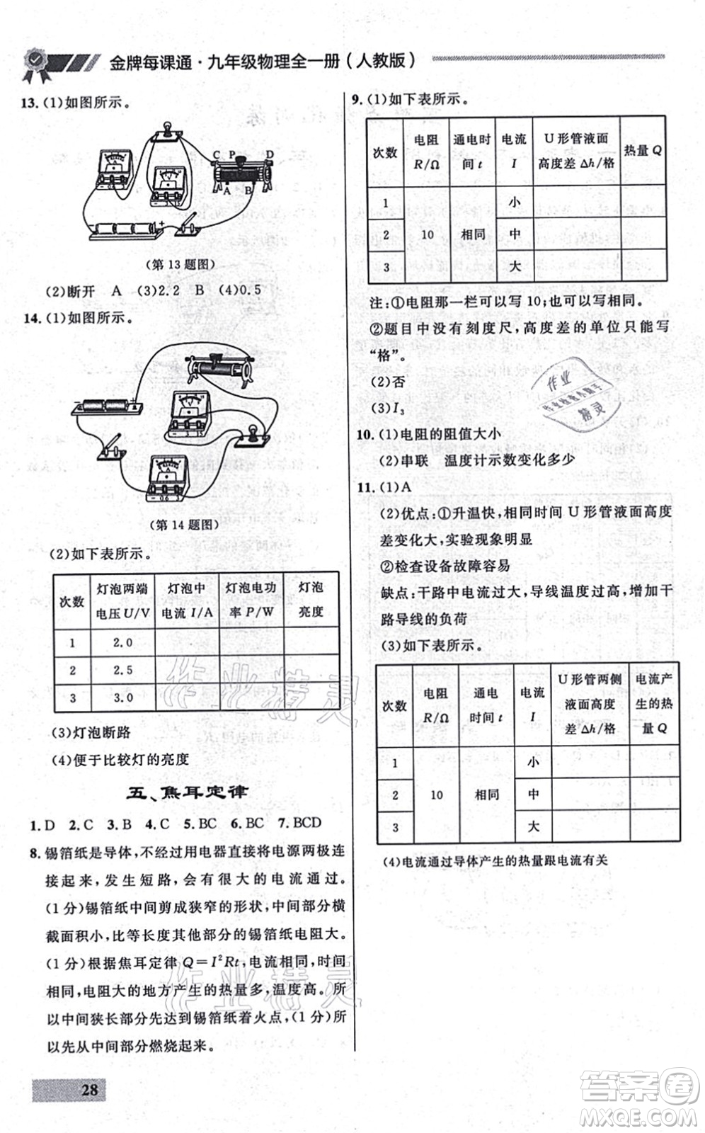延邊大學出版社2021點石成金金牌每課通九年級物理全一冊人教版大連專版答案