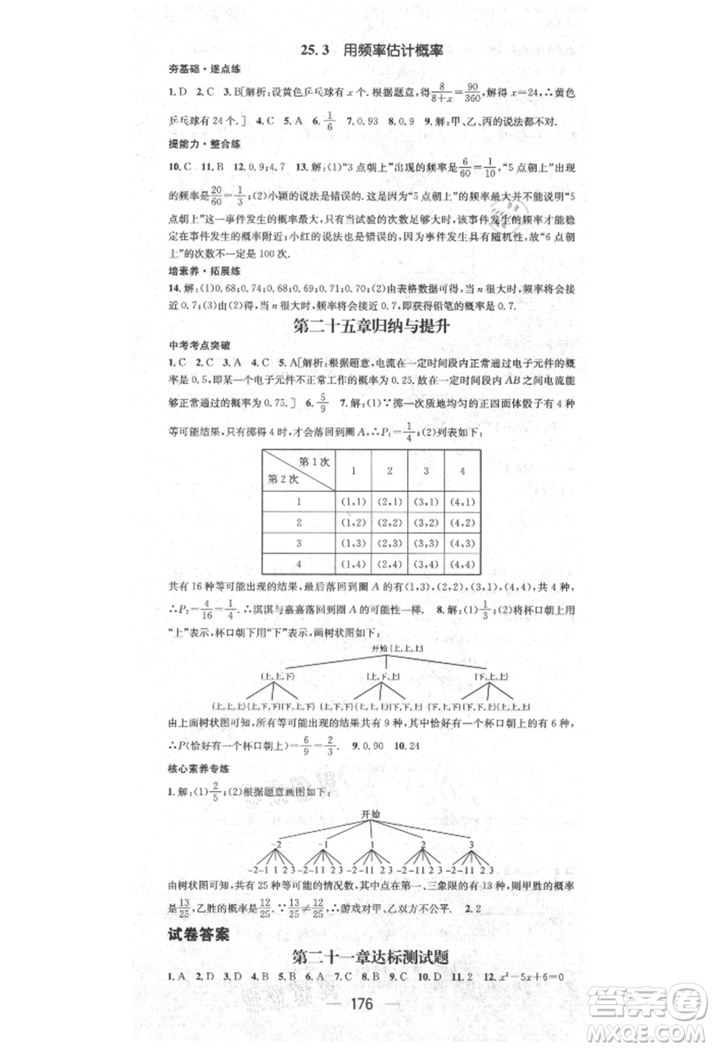 陽光出版社2021精英新課堂九年級數(shù)學上冊人教版參考答案