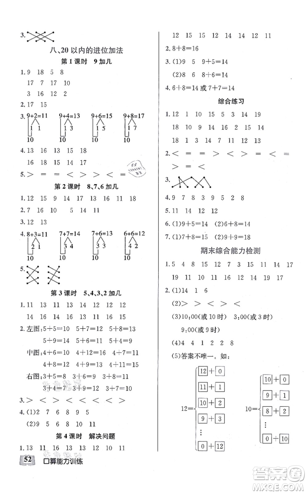 湖北科學(xué)技術(shù)出版社2021小學(xué)數(shù)學(xué)口算能力訓(xùn)練一年級(jí)上冊(cè)人教版答案