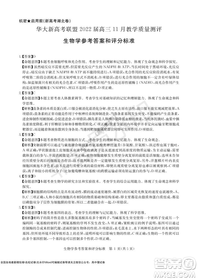 華大新高考聯(lián)盟2022屆高三11月教學(xué)質(zhì)量測(cè)評(píng)生物試題及答案