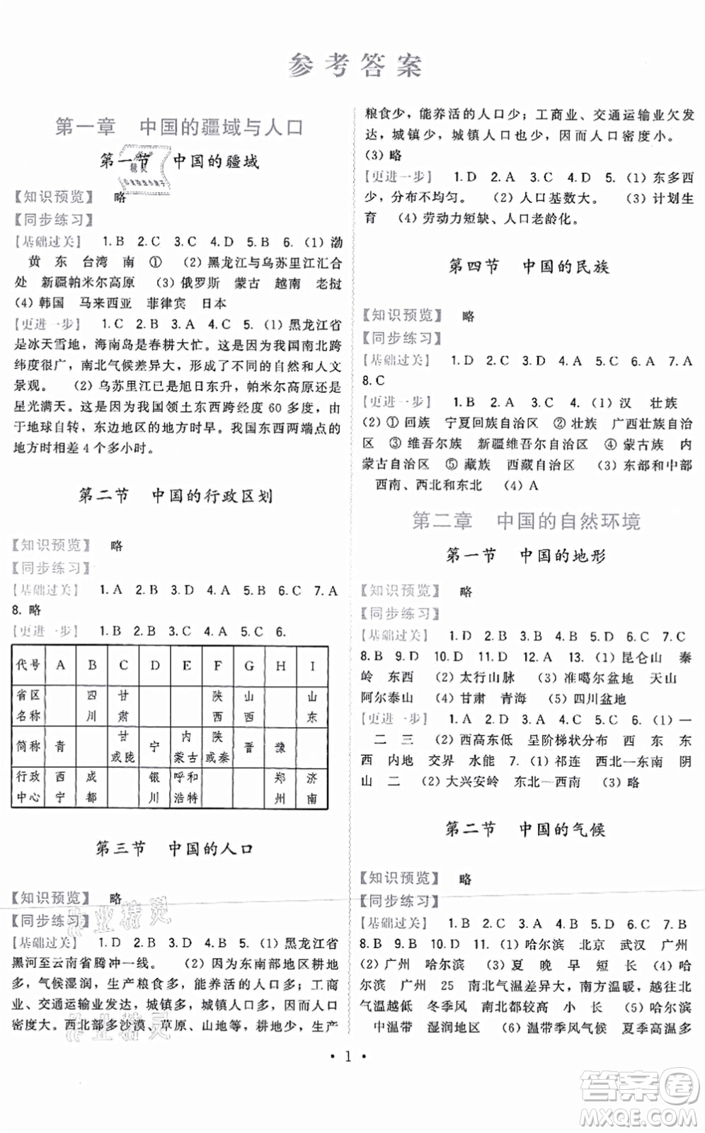 福建人民出版社2021頂尖課課練八年級地理上冊湘教版答案