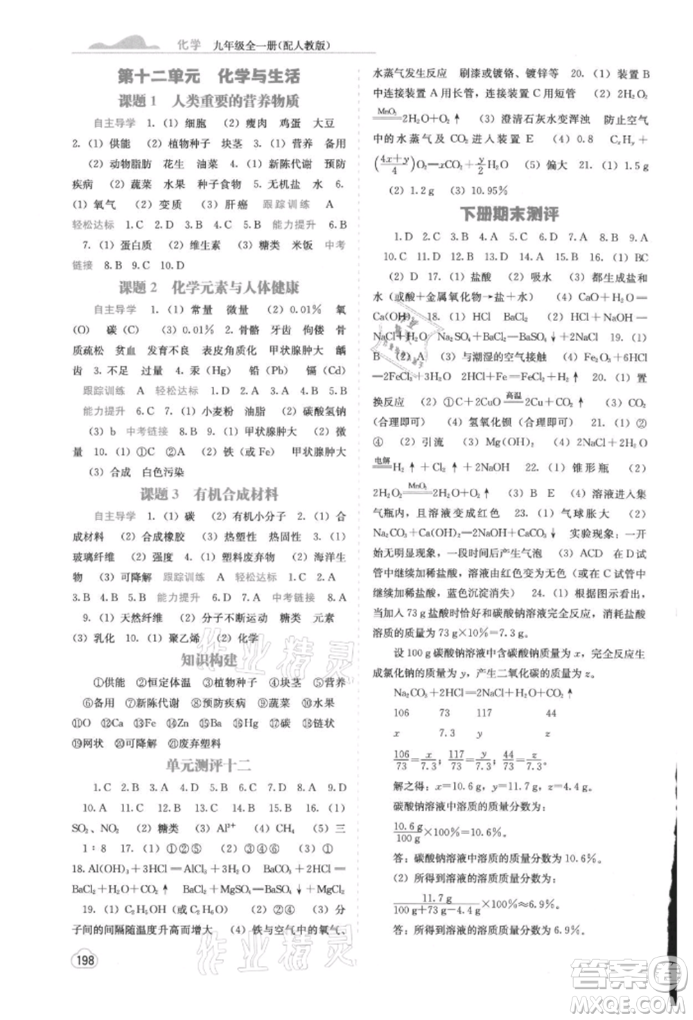 廣西教育出版社2021自主學習能力測評九年級化學人教版參考答案