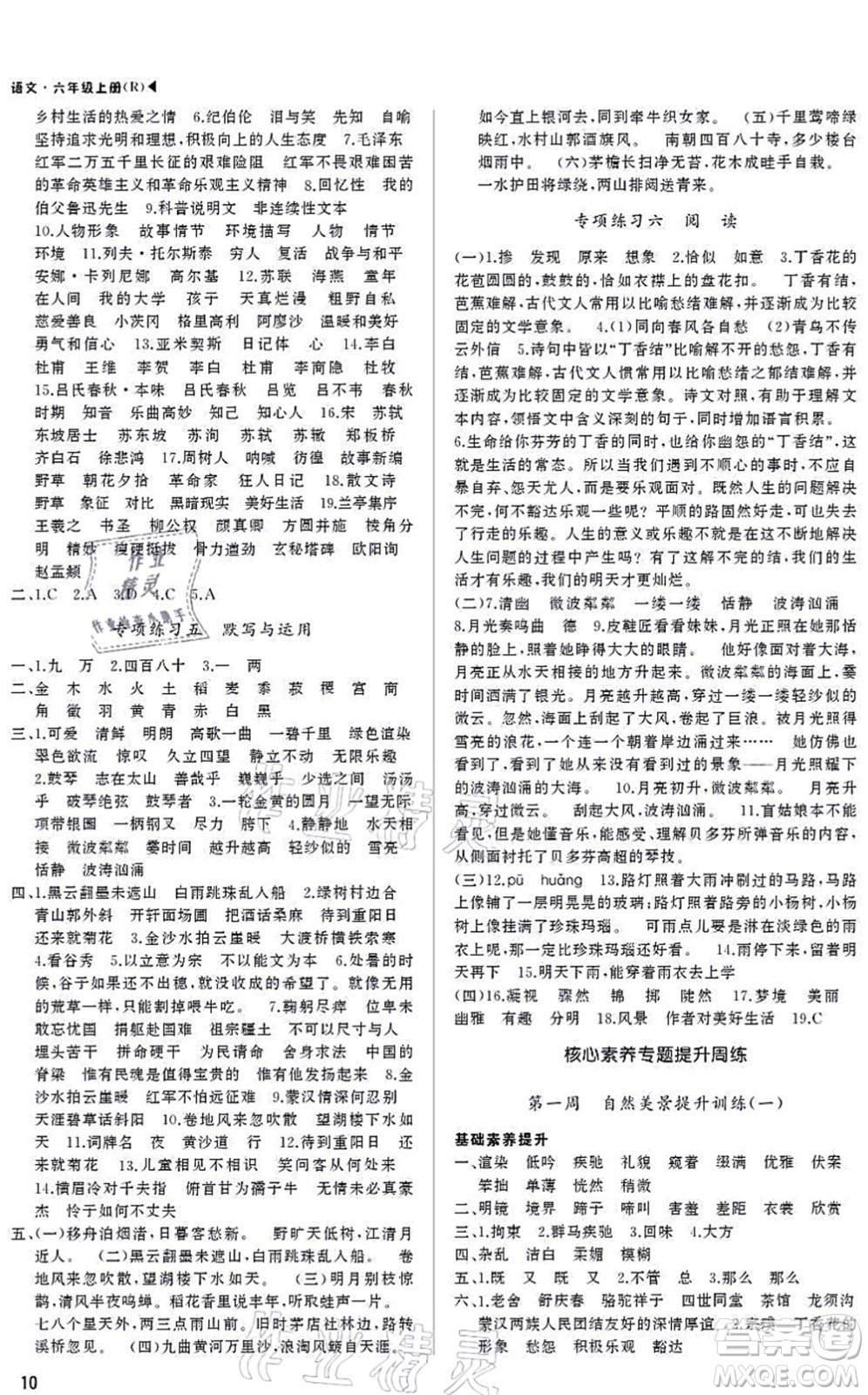 內(nèi)蒙古大學(xué)出版社2021超越訓(xùn)練六年級語文上冊R人教版綿陽專版答案