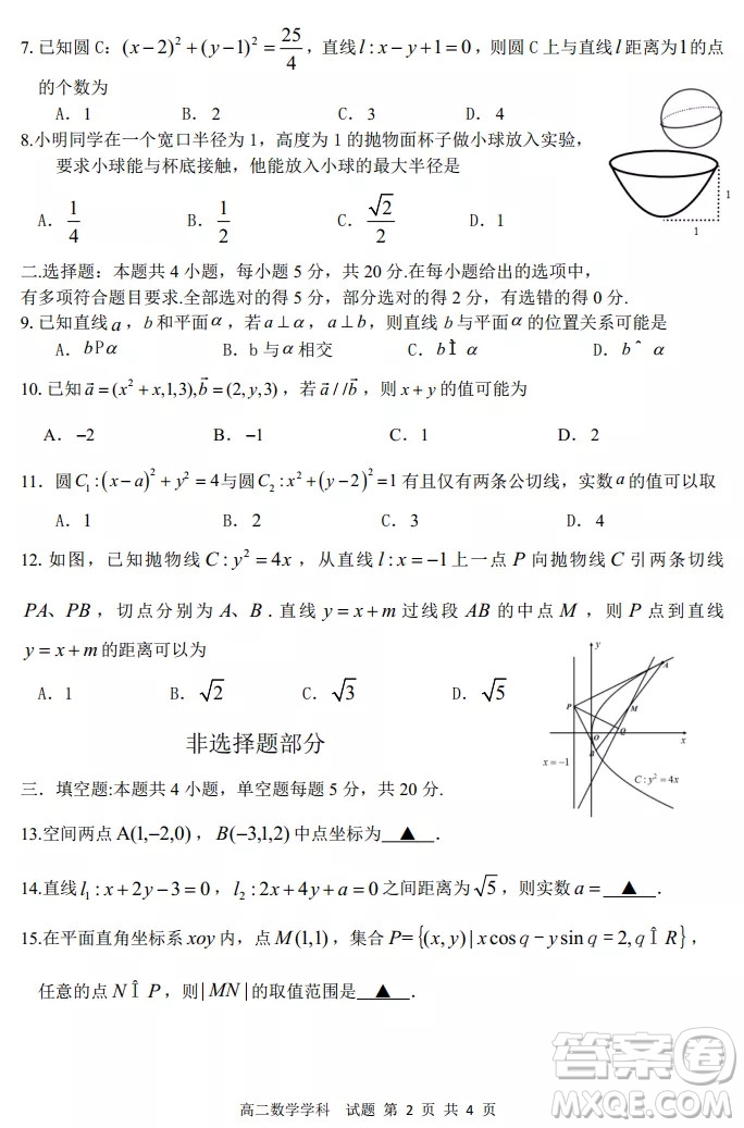 2021學(xué)年第一學(xué)期浙江省綠谷高中聯(lián)盟期中聯(lián)考試題高二數(shù)學(xué)學(xué)科試題及答案