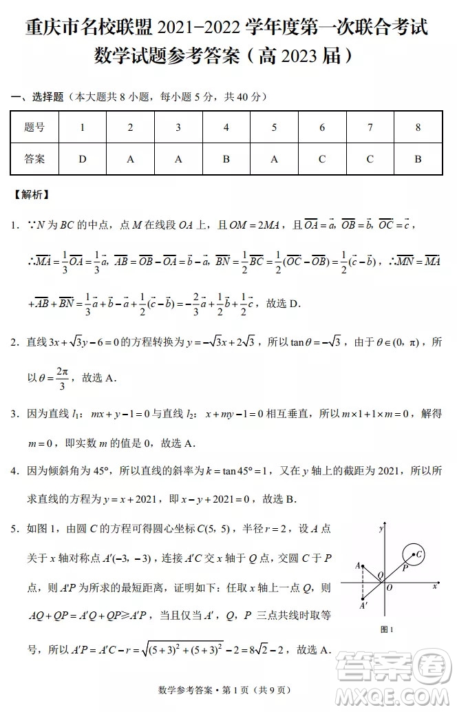 重慶市名校聯(lián)盟2021-2022學年高二第一次聯(lián)合考試數(shù)學試題及參考答案