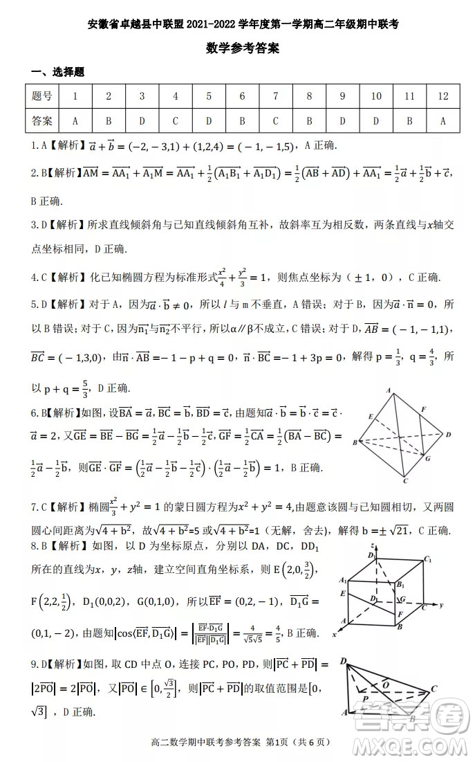 安徽省卓越縣中聯(lián)盟2021-2022學(xué)年度第一學(xué)期高二年級期中聯(lián)考數(shù)學(xué)試題及答案