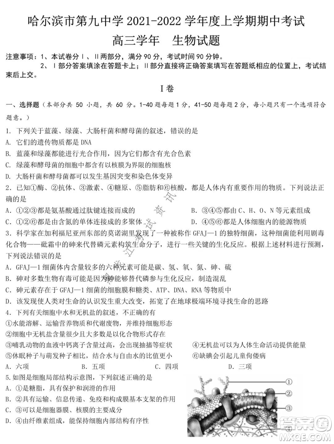 哈爾濱市第九中學(xué)2021-2022學(xué)年度上學(xué)期期中考試高三生物試題及答案