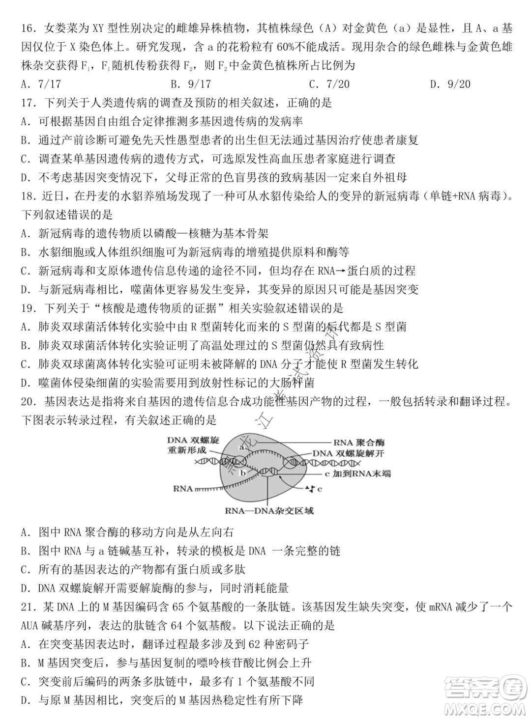 哈爾濱市第九中學(xué)2021-2022學(xué)年度上學(xué)期期中考試高三生物試題及答案