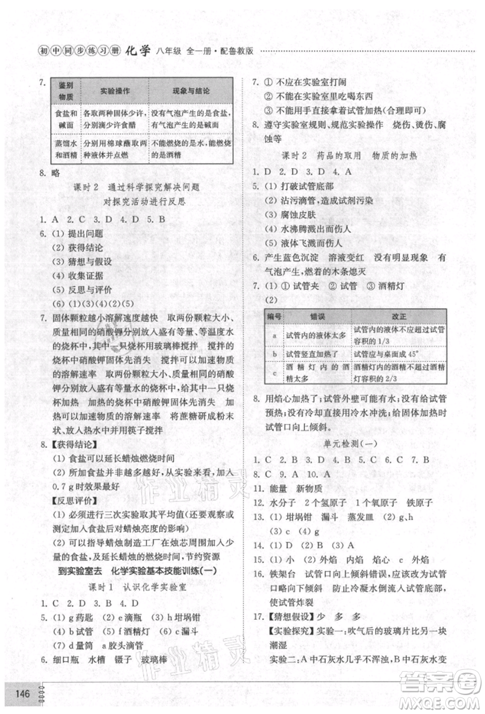 山東教育出版社2021初中同步練習(xí)冊五四制八年級化學(xué)魯教版參考答案