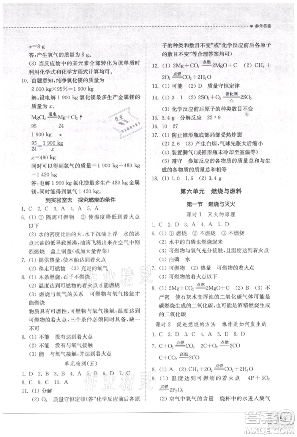 山東教育出版社2021初中同步練習(xí)冊五四制八年級化學(xué)魯教版參考答案