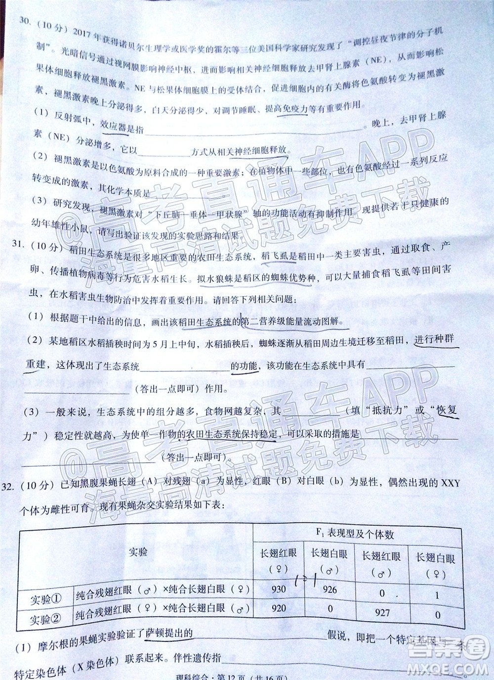 2022屆貴陽一中高考適應性月考三理科綜合試題及答案