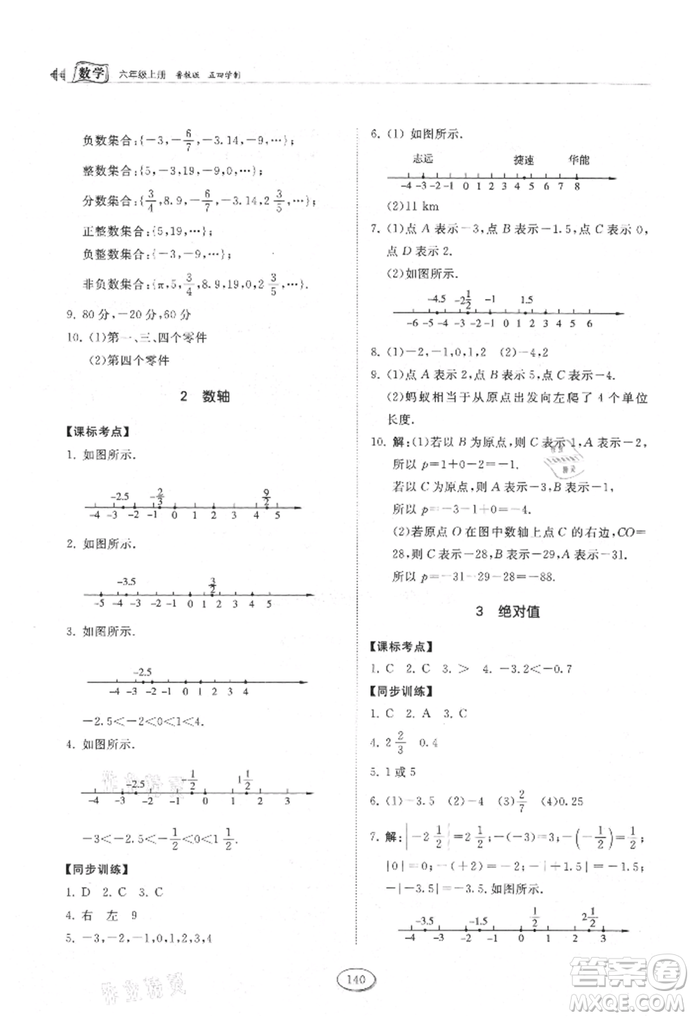 山東科學(xué)技術(shù)出版社2021初中同步練習(xí)冊五四制六年級上冊數(shù)學(xué)魯教版參考答案