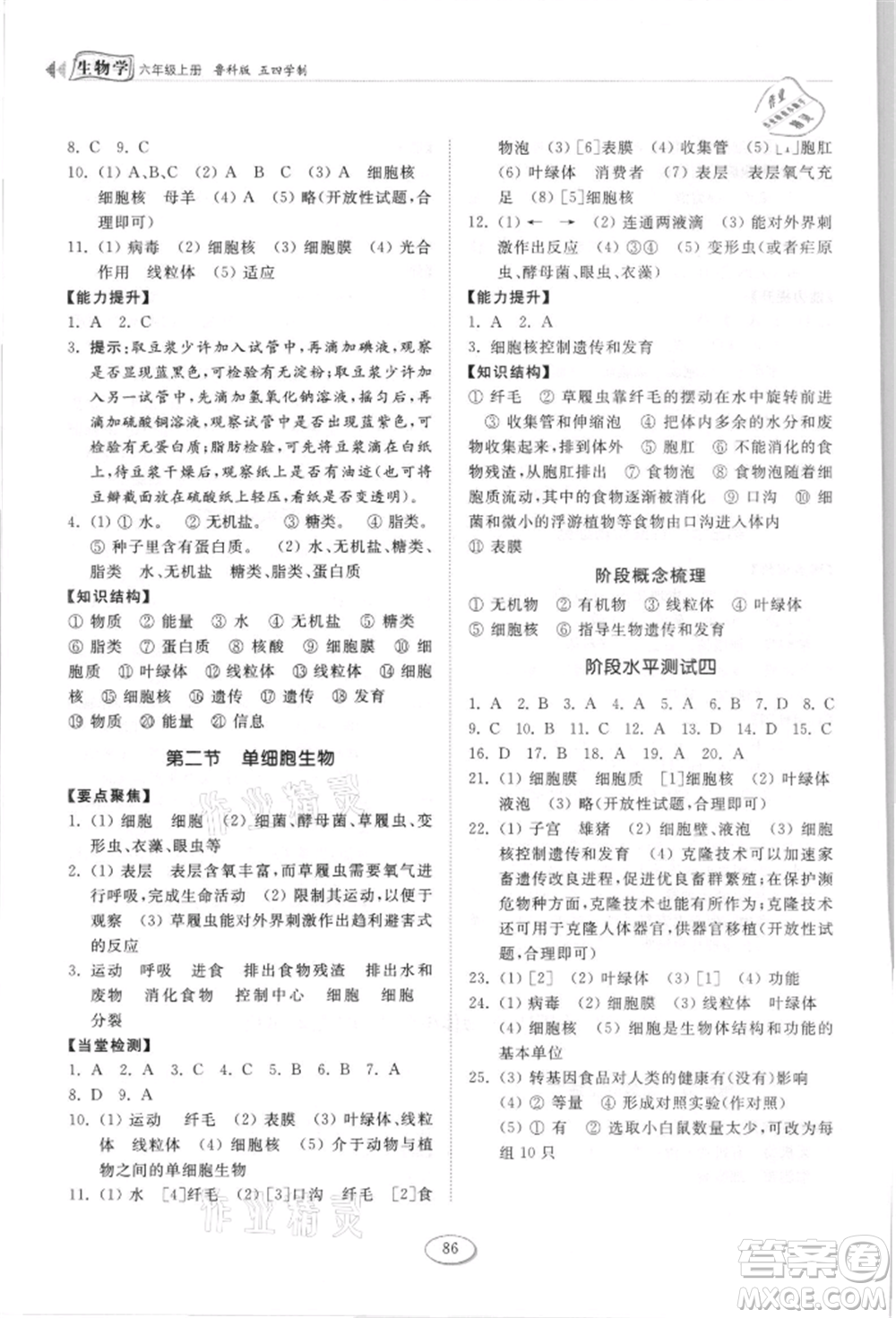 山東科學(xué)技術(shù)出版社2021初中同步練習(xí)冊(cè)五四制六年級(jí)上冊(cè)生物學(xué)魯科版參考答案
