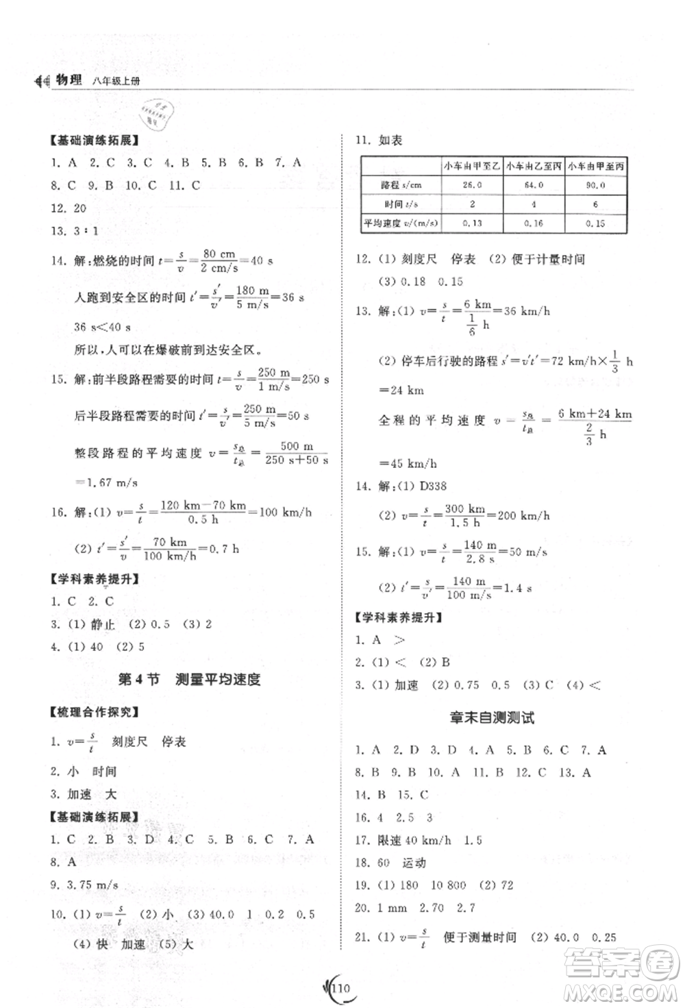山東科學技術出版社2021初中同步練習冊八年級物理上冊人教版參考答案