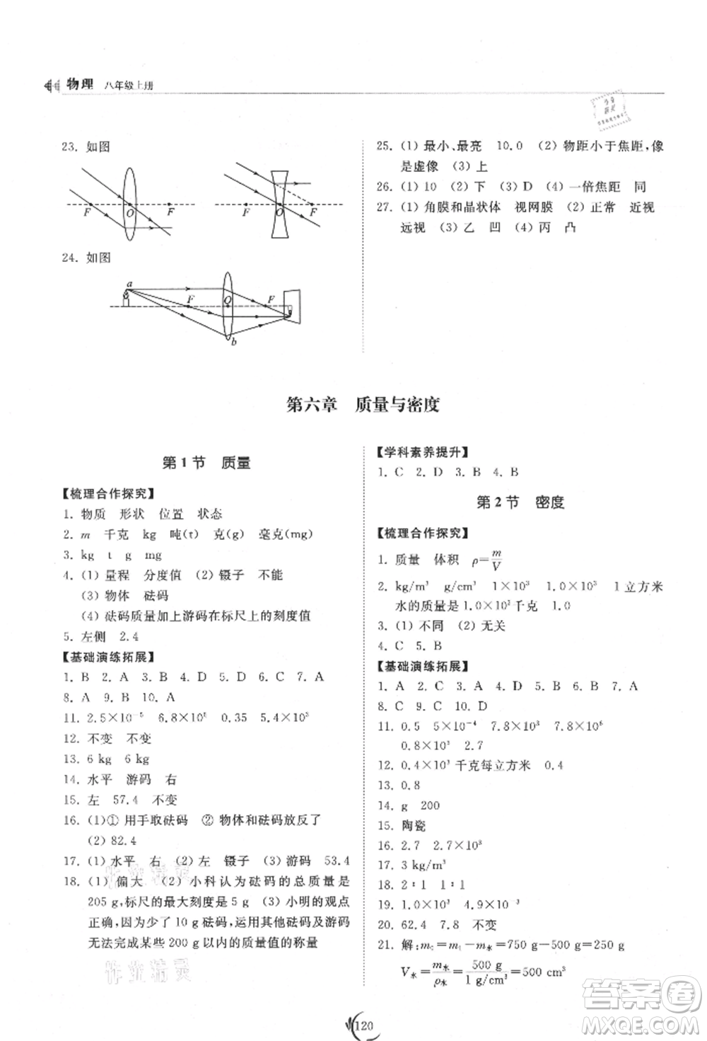 山東科學技術出版社2021初中同步練習冊八年級物理上冊人教版參考答案