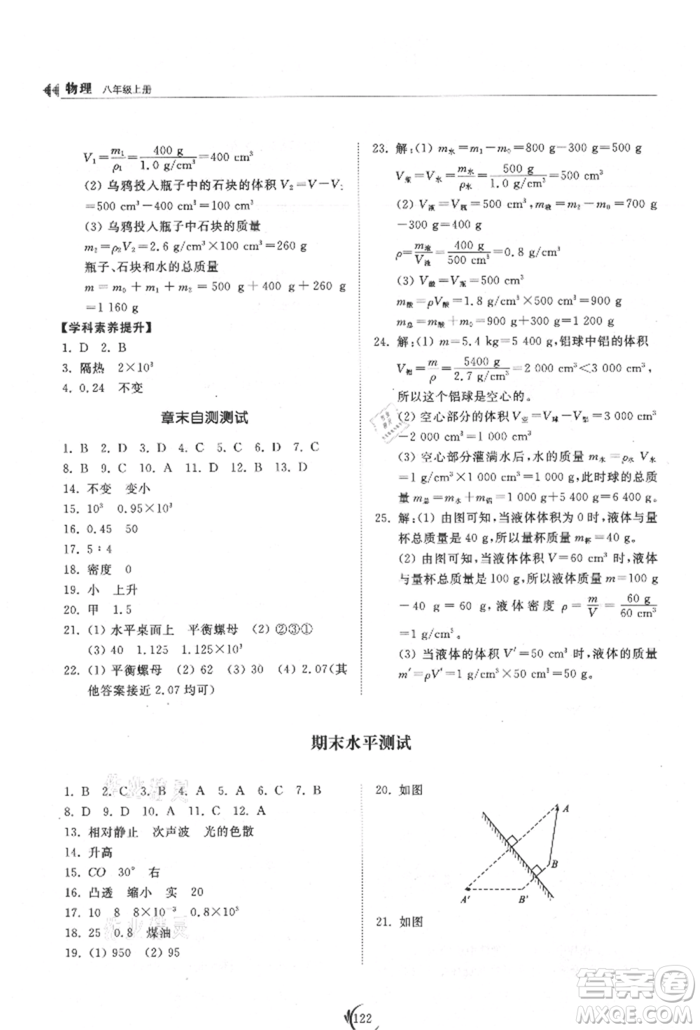 山東科學技術出版社2021初中同步練習冊八年級物理上冊人教版參考答案
