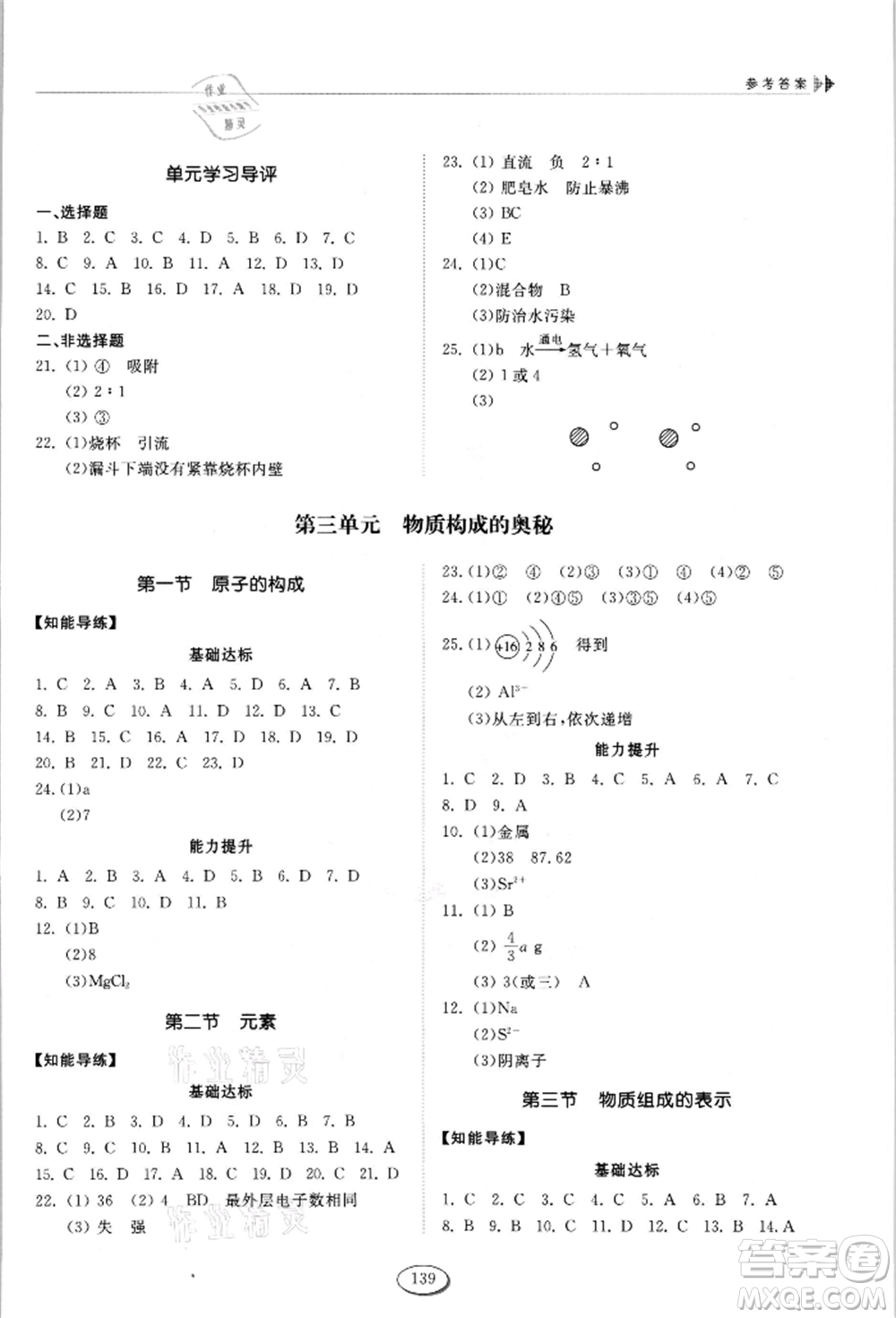 山東科學(xué)技術(shù)出版社2021初中同步練習(xí)冊(cè)五四制八年級(jí)化學(xué)魯教版參考答案