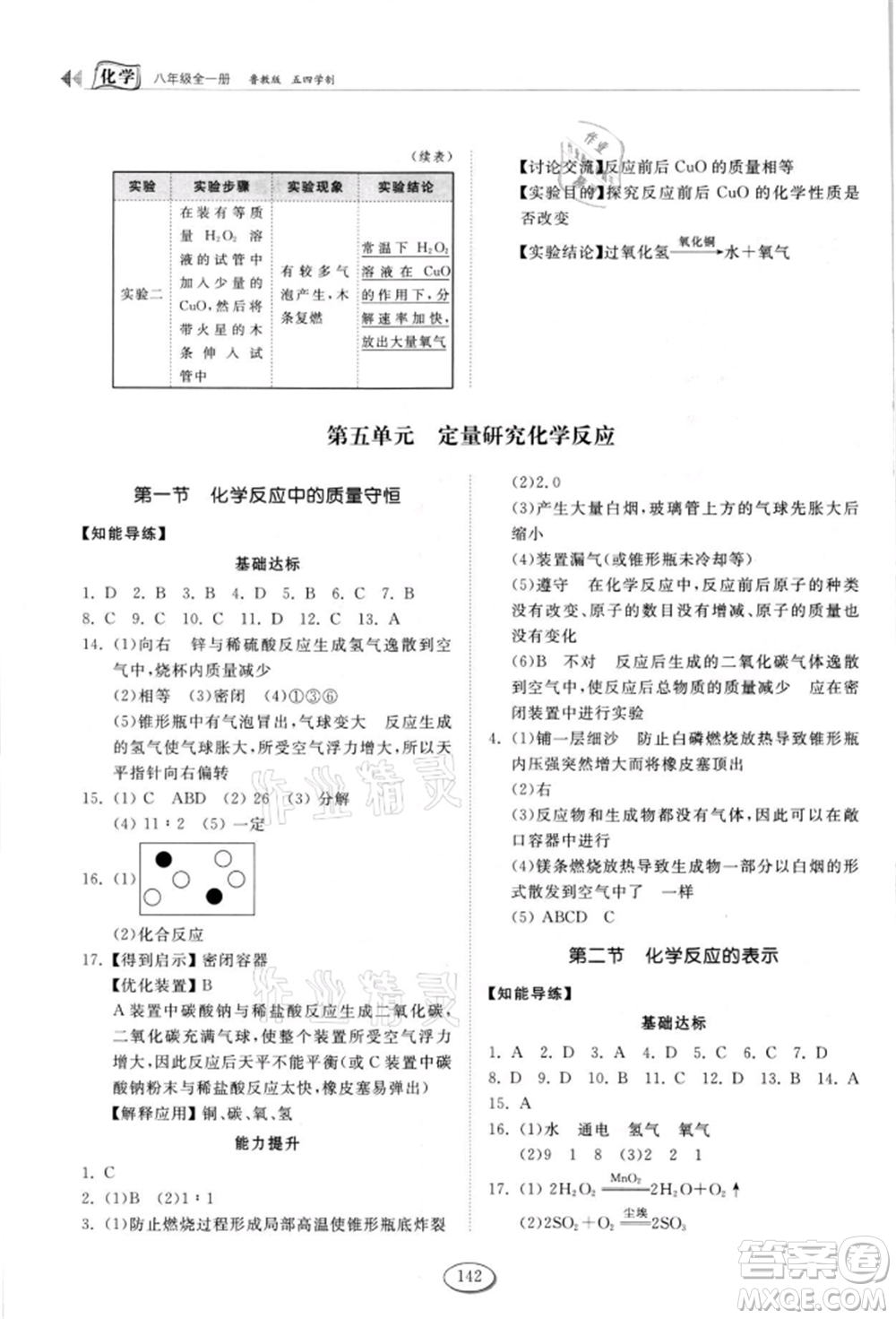 山東科學(xué)技術(shù)出版社2021初中同步練習(xí)冊(cè)五四制八年級(jí)化學(xué)魯教版參考答案