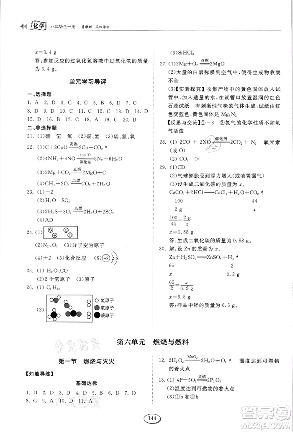 山東科學(xué)技術(shù)出版社2021初中同步練習(xí)冊(cè)五四制八年級(jí)化學(xué)魯教版參考答案