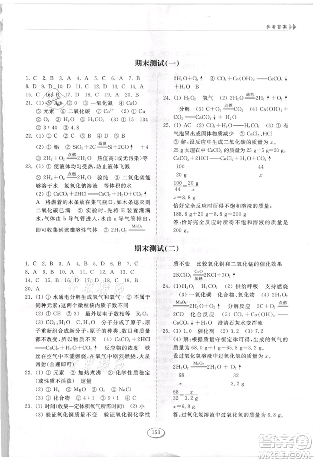 山東科學(xué)技術(shù)出版社2021初中同步練習(xí)冊(cè)九年級(jí)化學(xué)上冊(cè)魯教版參考答案