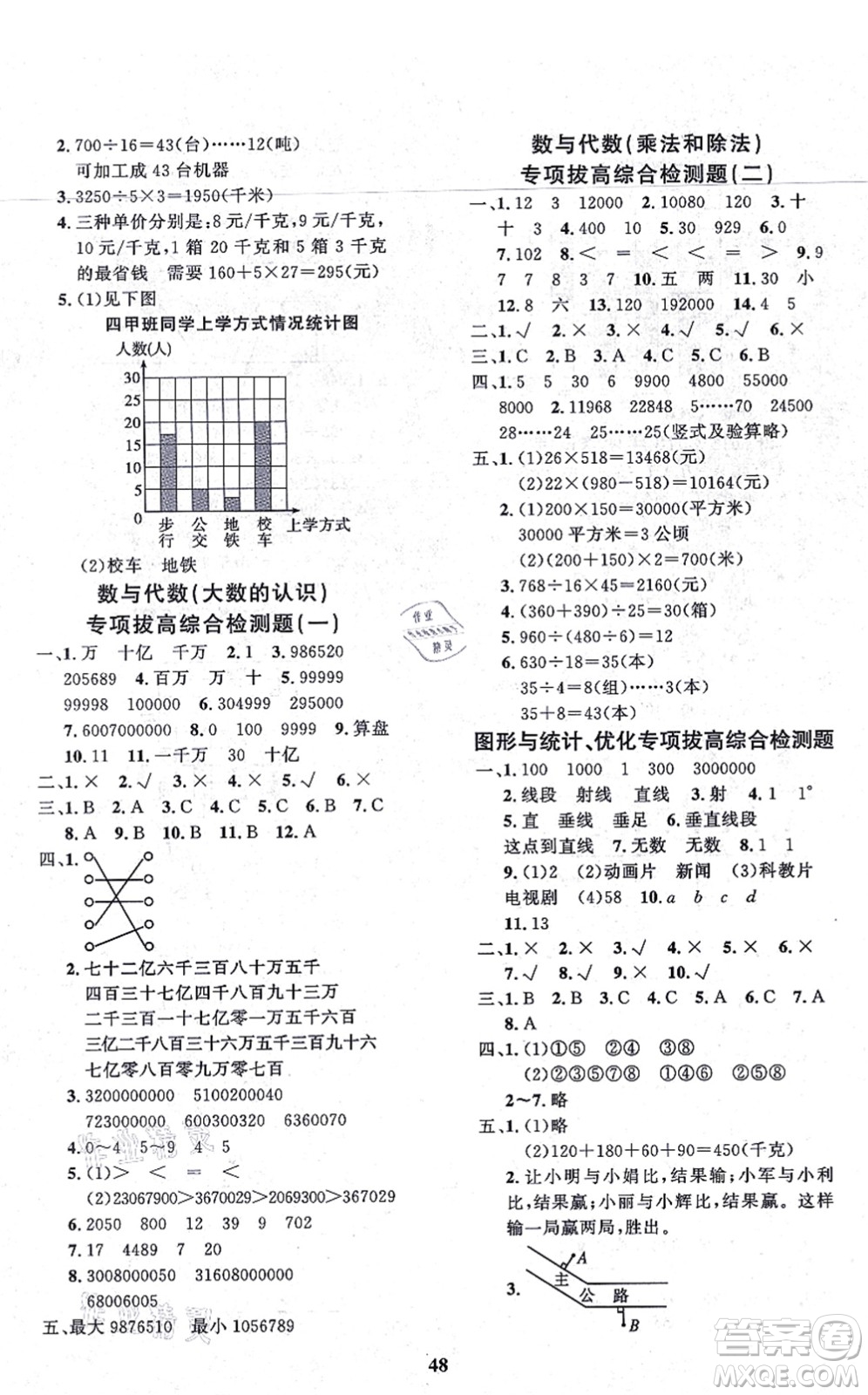濟南出版社2021黃岡360度定制課時四年級數(shù)學(xué)上冊RJ人教版湖南專版答案