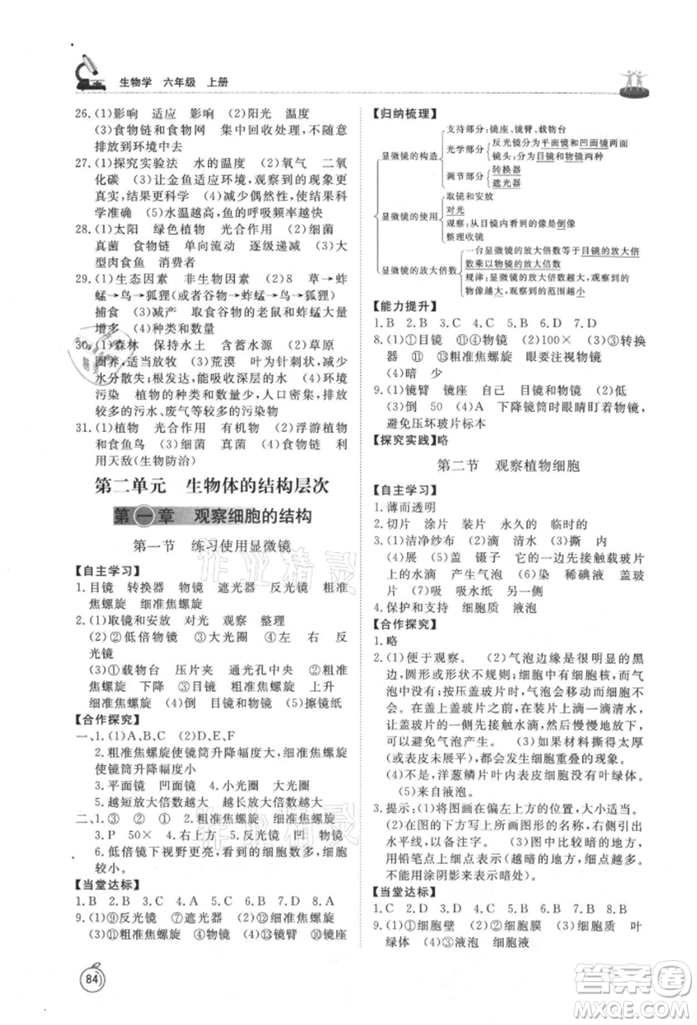 山東友誼出版社2021初中同步練習冊五四制六年級生物上冊魯科版參考答案