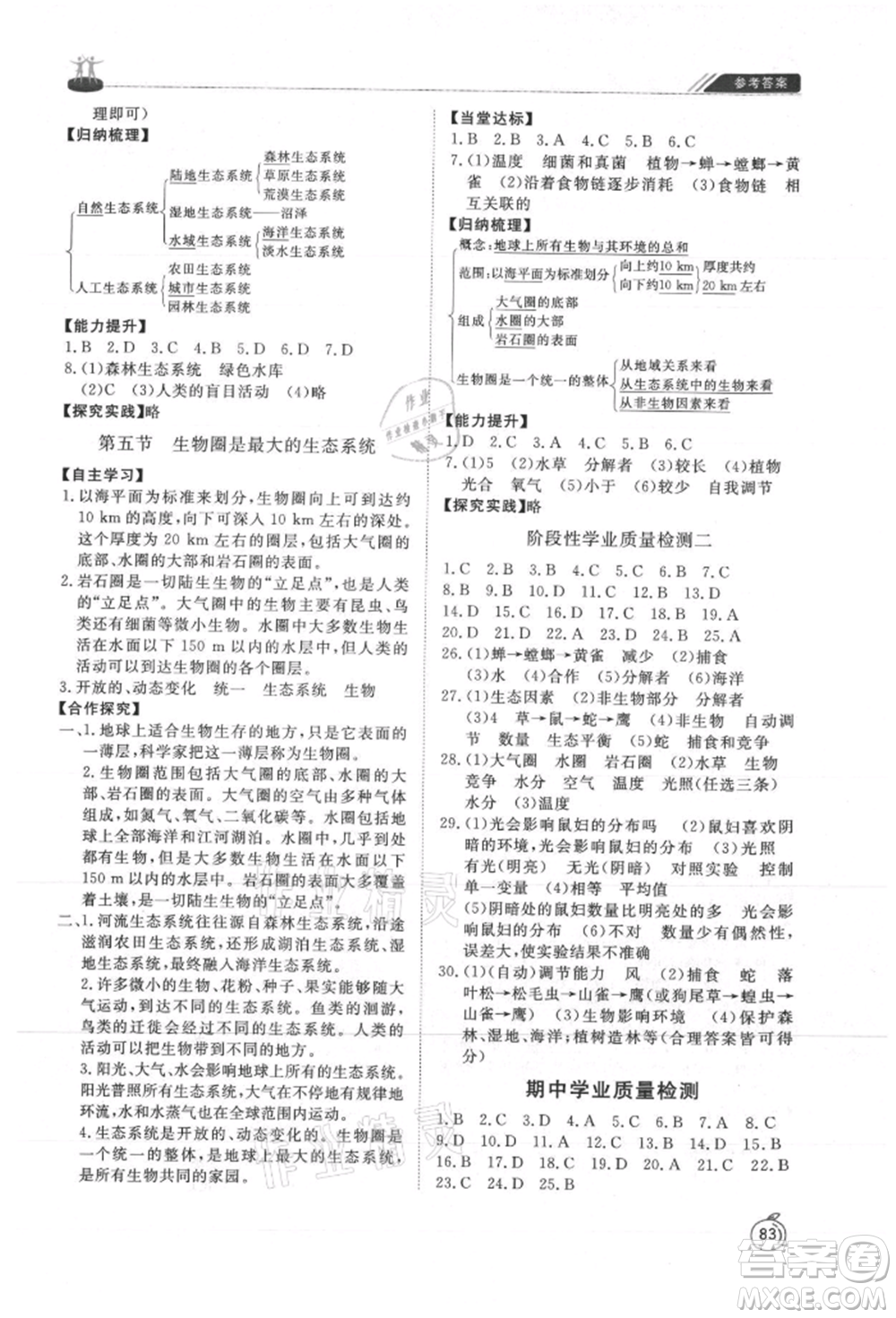 山東友誼出版社2021初中同步練習冊五四制六年級生物上冊魯科版參考答案