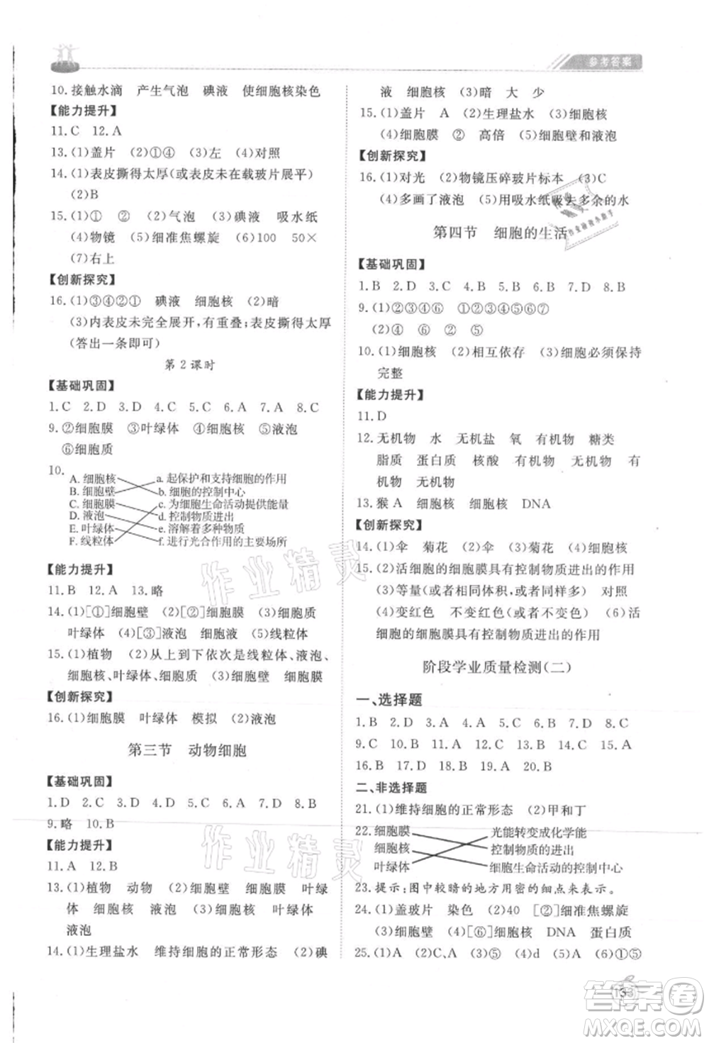 山東友誼出版社2021初中同步練習(xí)冊(cè)七年級(jí)生物上冊(cè)人教版山東專用參考答案
