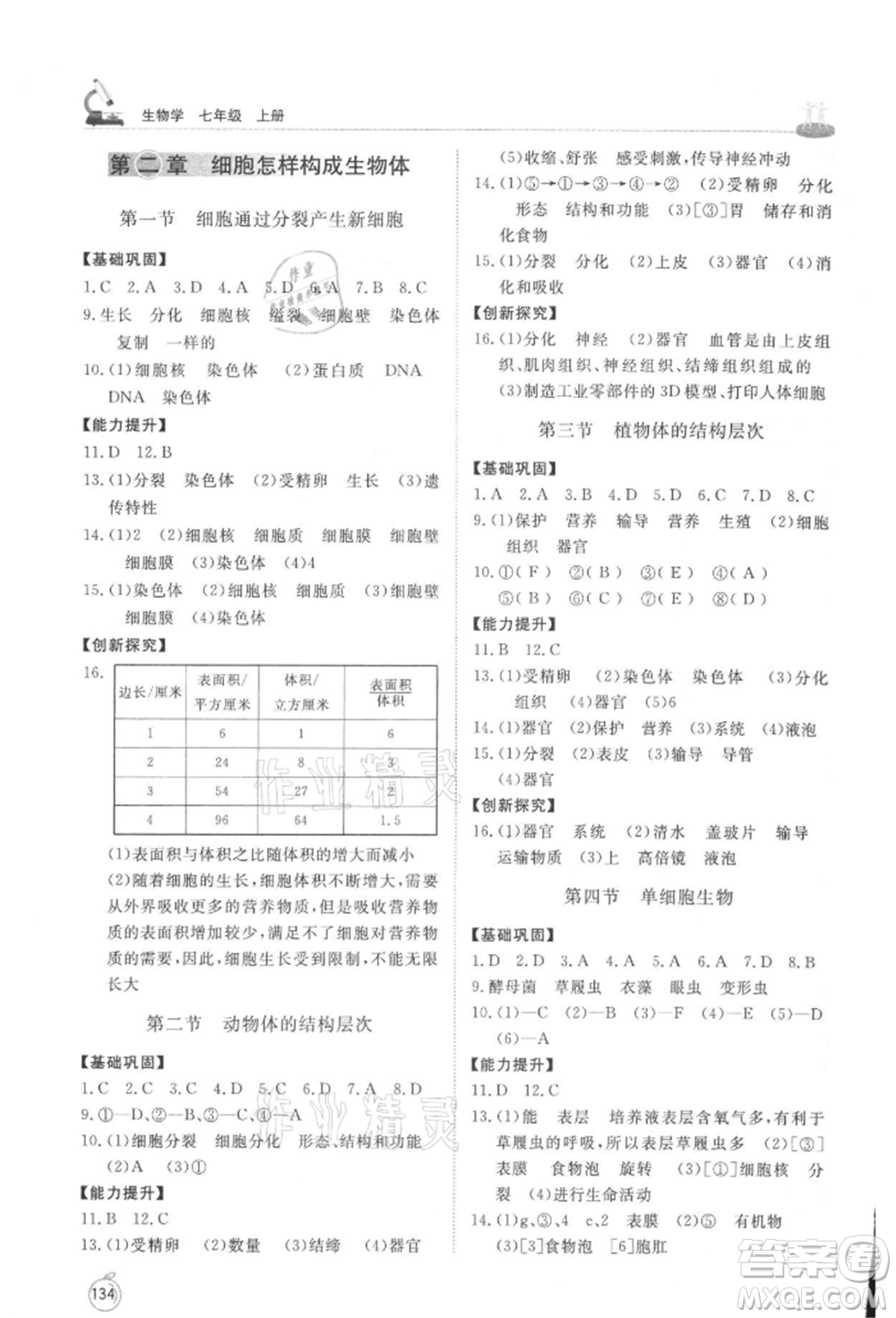 山東友誼出版社2021初中同步練習(xí)冊(cè)七年級(jí)生物上冊(cè)人教版山東專用參考答案