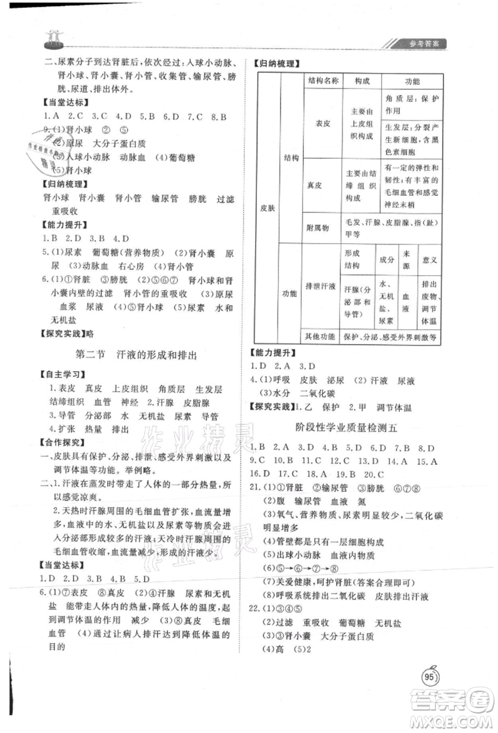 山東友誼出版社2021初中同步練習冊五四制七年級生物上冊魯科版參考答案