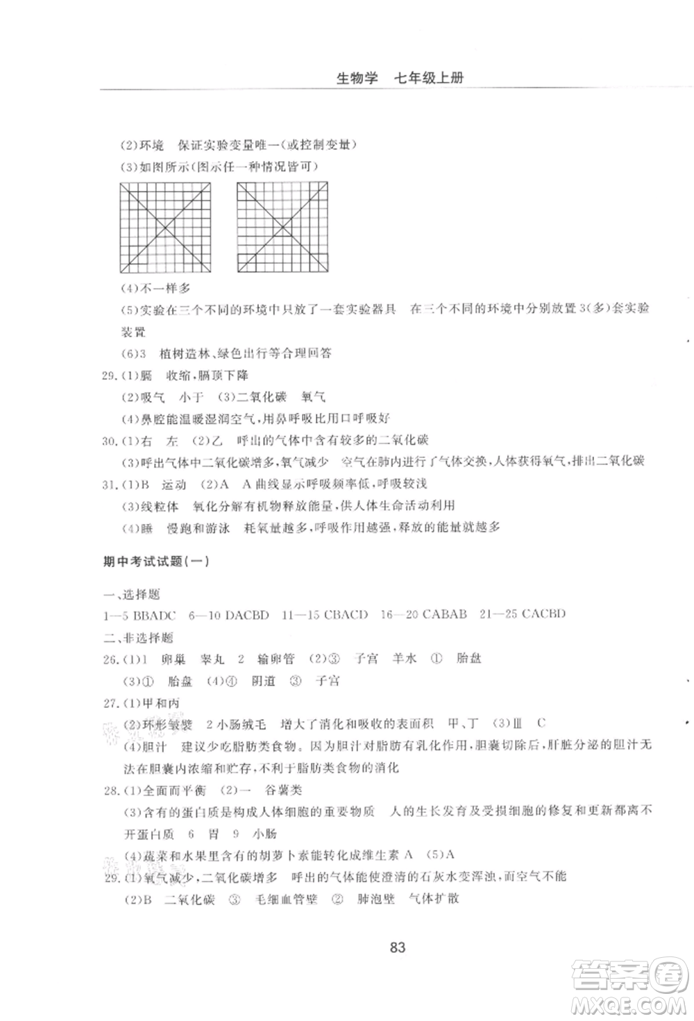 明天出版社2021初中同步練習(xí)冊(cè)配套檢測(cè)卷五四學(xué)制七年級(jí)生物上冊(cè)魯科版參考答案