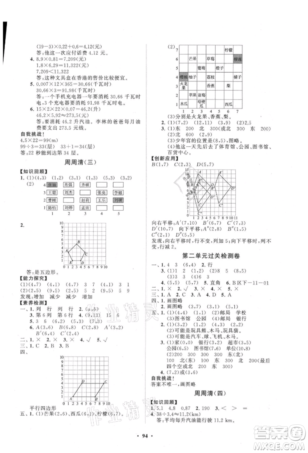 山東教育出版社2021小學(xué)同步練習(xí)冊分層卷五年級數(shù)學(xué)上冊人教版參考答案