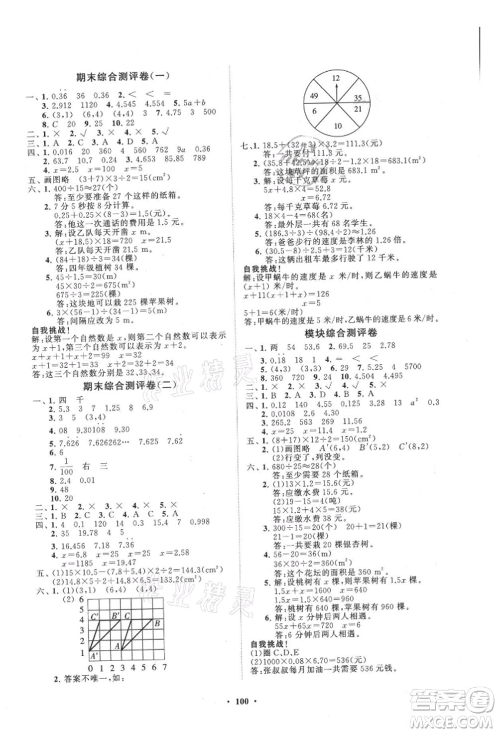 山東教育出版社2021小學(xué)同步練習(xí)冊分層卷五年級數(shù)學(xué)上冊人教版參考答案