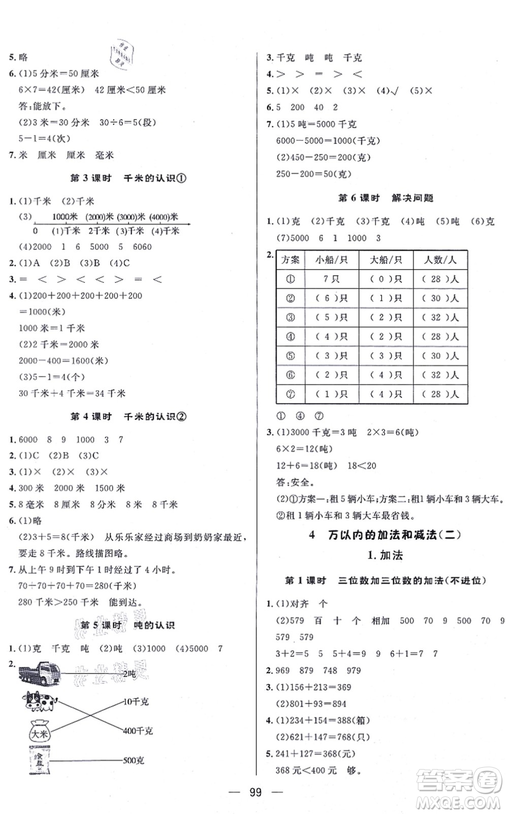 安徽人民出版社2021簡易通小學(xué)同步導(dǎo)學(xué)練三年級數(shù)學(xué)上冊RJ人教版答案