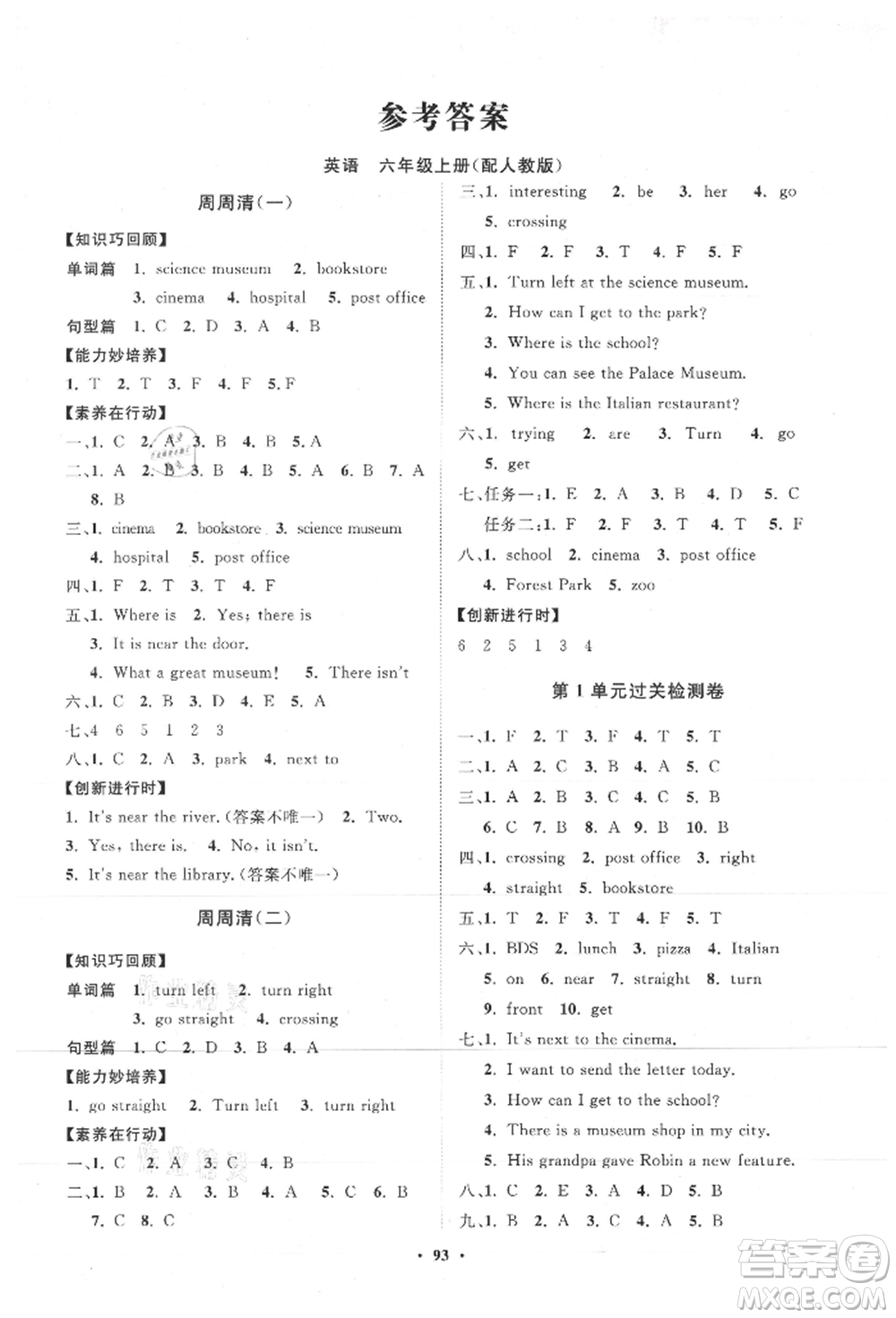 山東教育出版社2021小學(xué)同步練習(xí)冊(cè)分層卷六年級(jí)英語上冊(cè)人教版參考答案