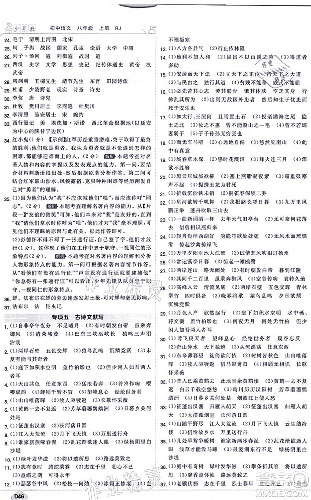 開(kāi)明出版社2021少年班八年級(jí)語(yǔ)文上冊(cè)RJ人教版答案