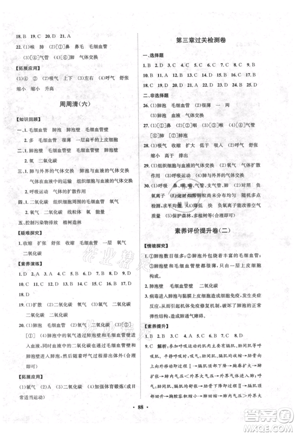 山東教育出版社2021初中同步練習冊分層卷五四制七年級生物上冊魯科版參考答案