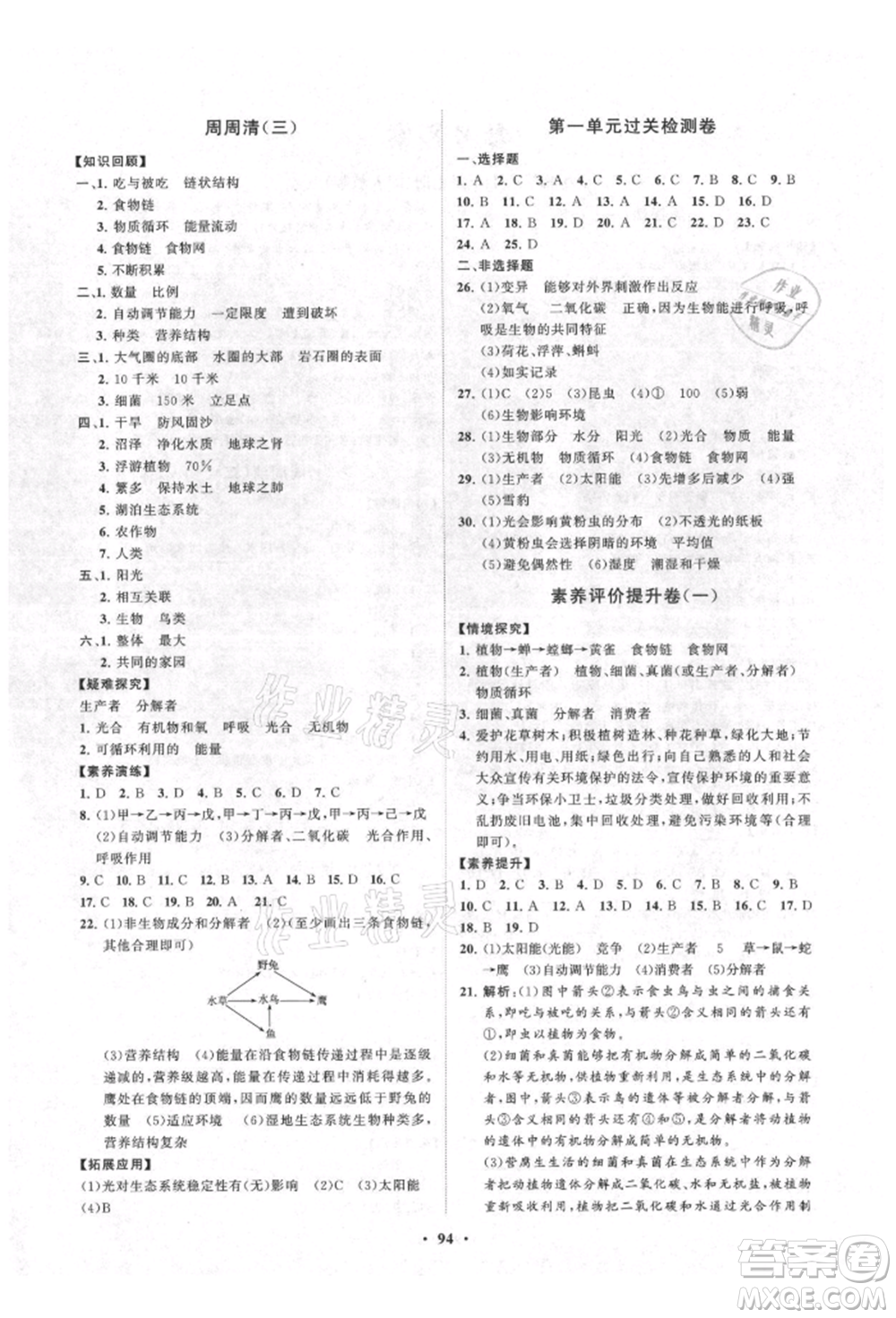 山東教育出版社2021初中同步練習(xí)冊(cè)分層卷七年級(jí)生物上冊(cè)人教版參考答案