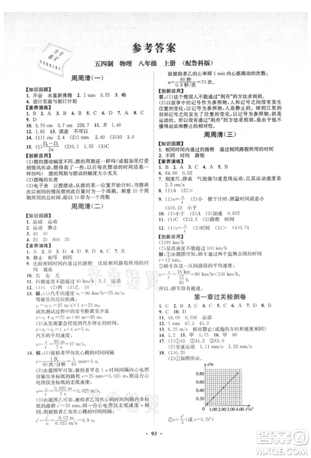 山東教育出版社2021初中同步練習(xí)冊(cè)分層卷五四制八年級(jí)物理上冊(cè)魯科版參考答案