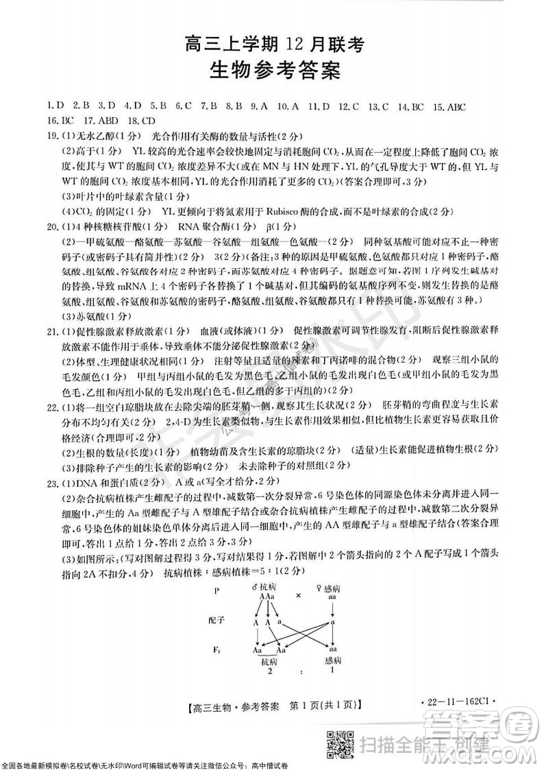 2022屆河北金太陽(yáng)高三12月聯(lián)考生物試題及答案