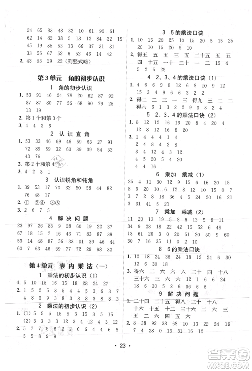 安徽人民出版社2021華翰文化教與學(xué)課時學(xué)練測二年級數(shù)學(xué)上冊人教版參考答案