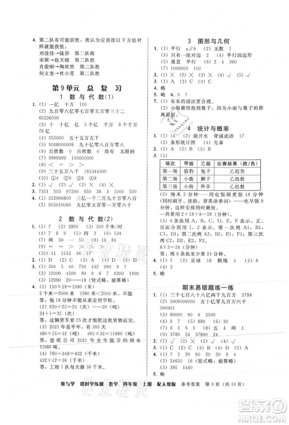 安徽人民出版社2021華翰文化教與學(xué)課時(shí)學(xué)練測(cè)四年級(jí)數(shù)學(xué)上冊(cè)人教版參考答案