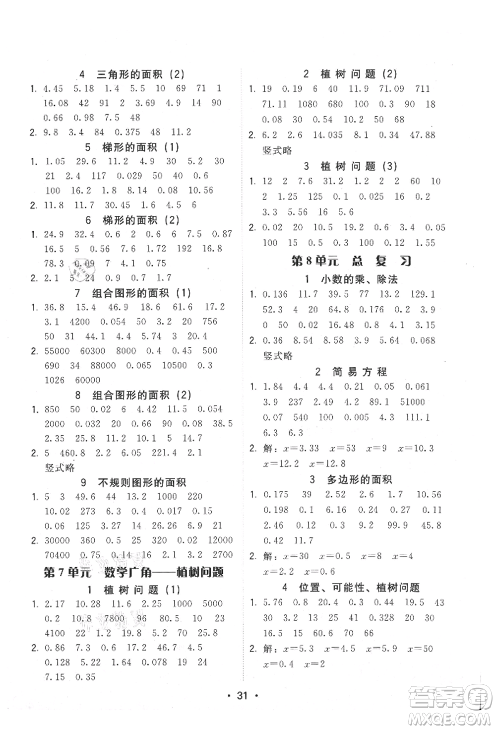 安徽人民出版社2021華翰文化教與學課時學練測五年級數(shù)學上冊人教版參考答案