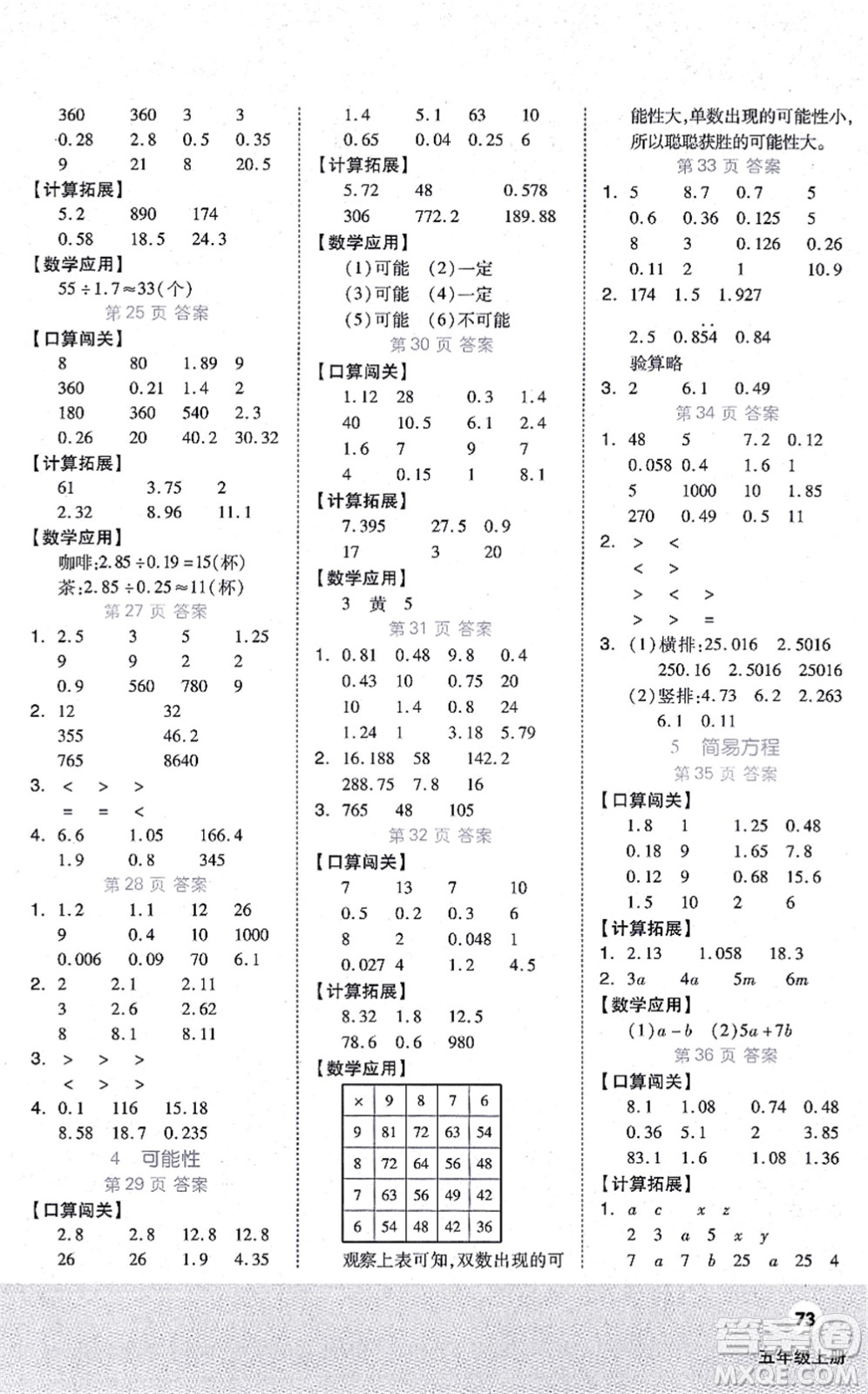 陽(yáng)光出版社2021階梯計(jì)算五年級(jí)數(shù)學(xué)上冊(cè)RJ人教版答案