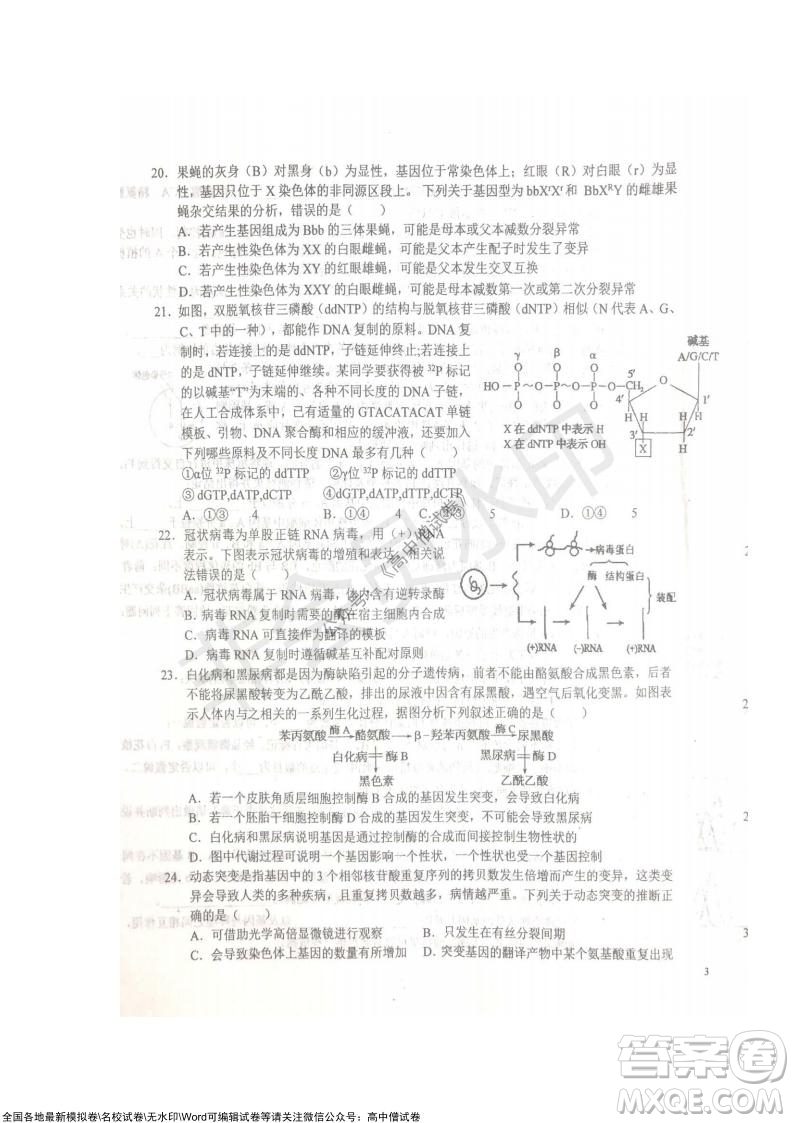 安徽六安一中學(xué)2022屆高三年級第四次月考生物試題及答案